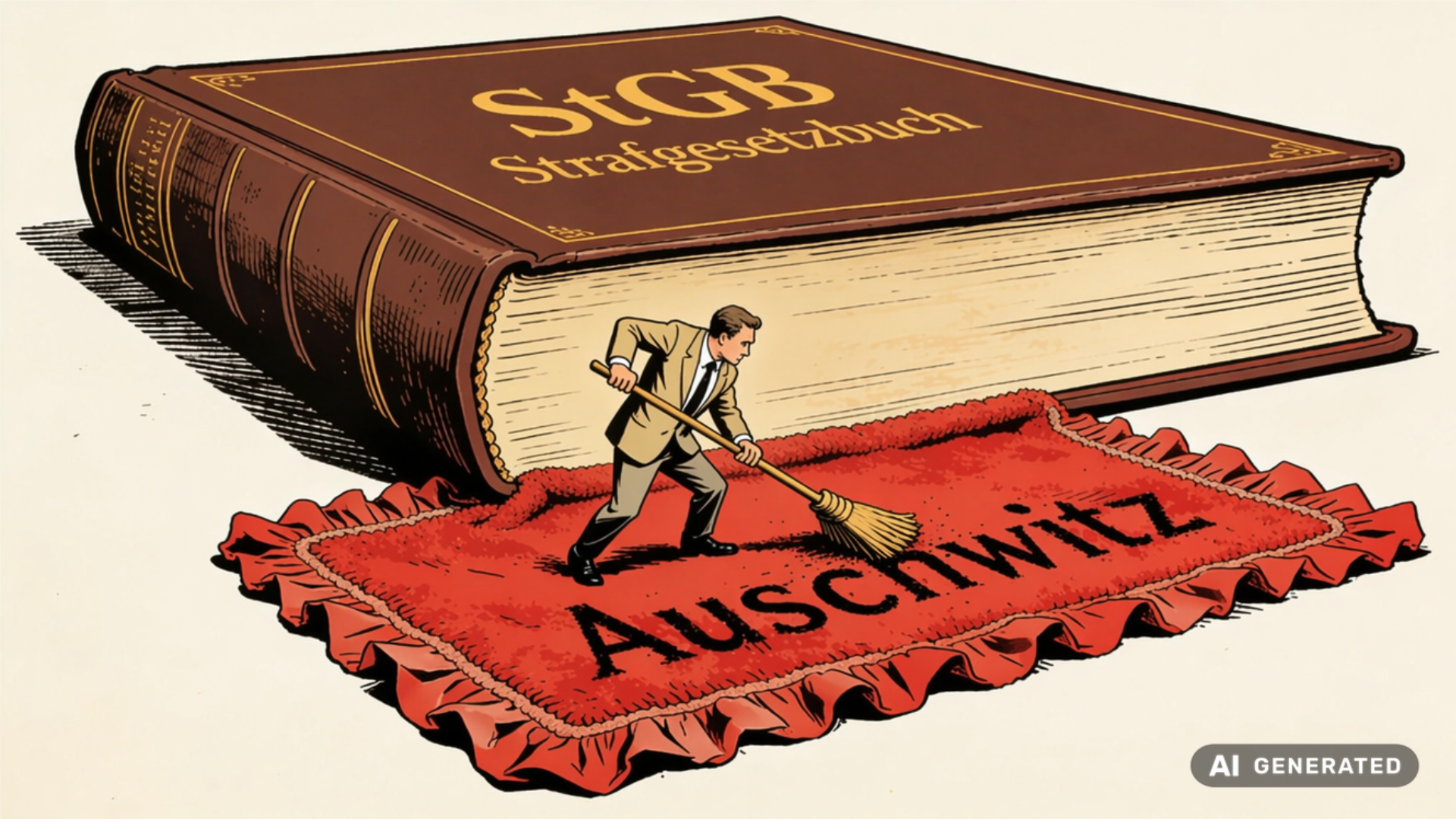 Ein Mann reinigt einen Teppich auf dem Auschwitz steht, dahinter das Srrafgesetzbuch.