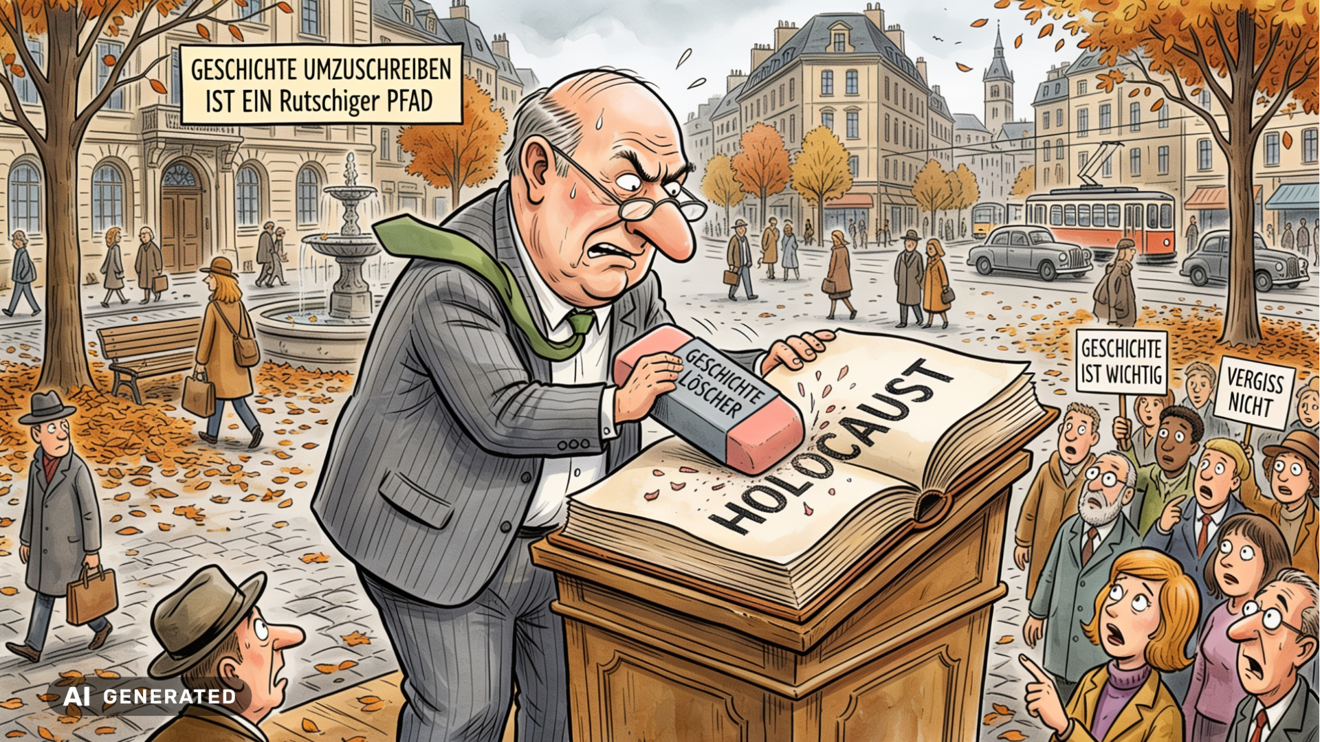 Eine Karikatur zeigt einen älteren Herrn, der versucht Holocaust aus einem Buch auszuradieren.