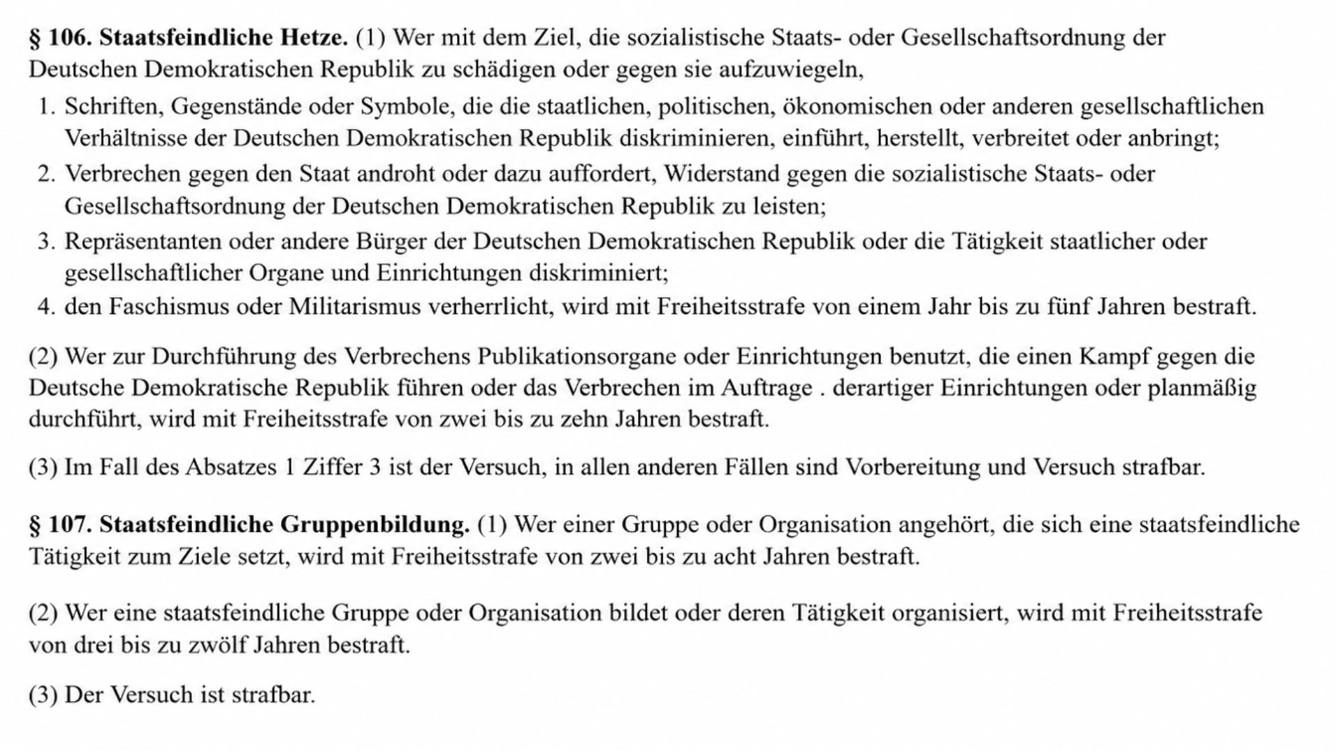 Gesetztestext aus dem DDR Strafgesetzbuch