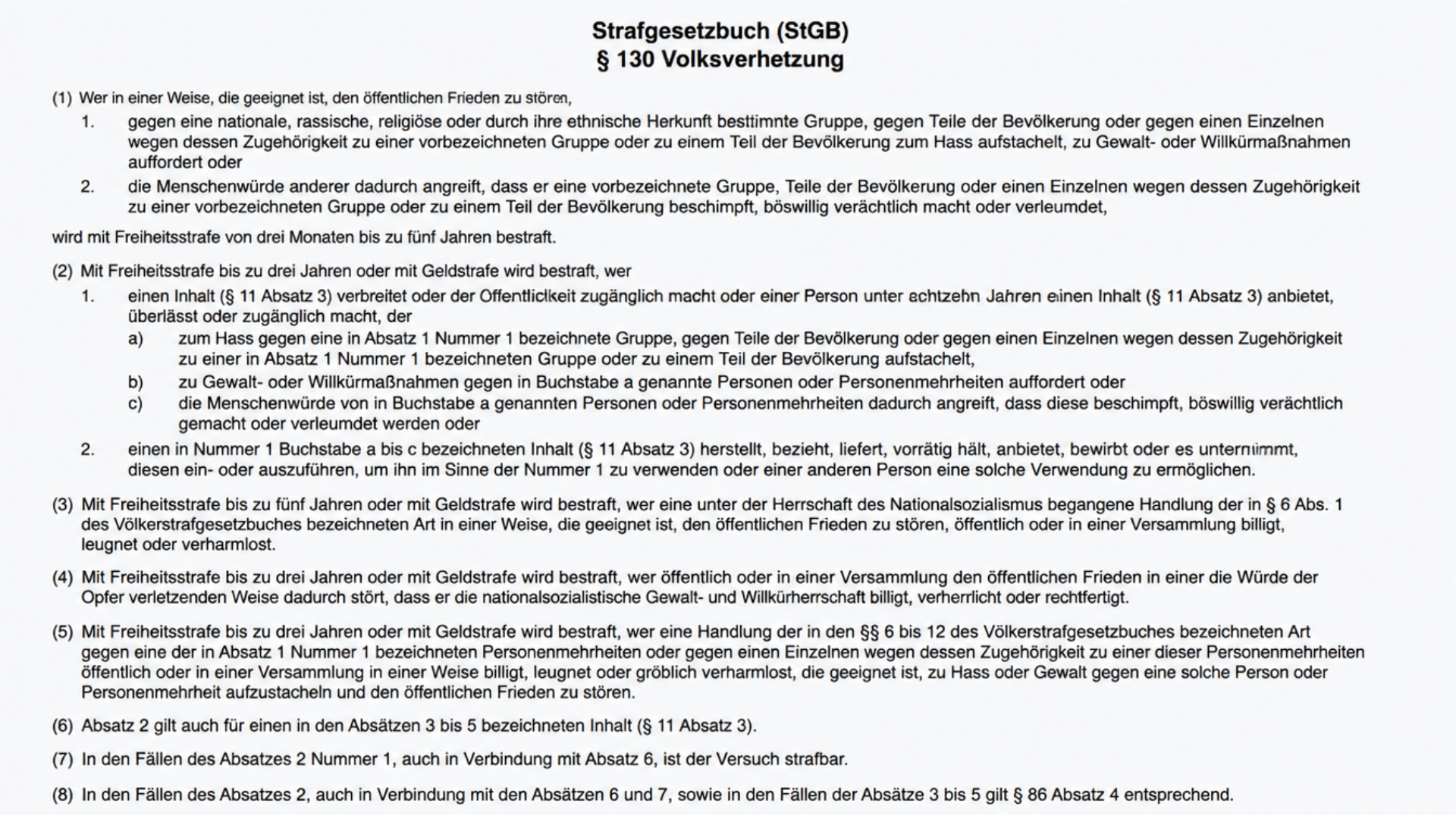 Gesetzestext für den Pargraf 130 gegen Holocaustleugnung