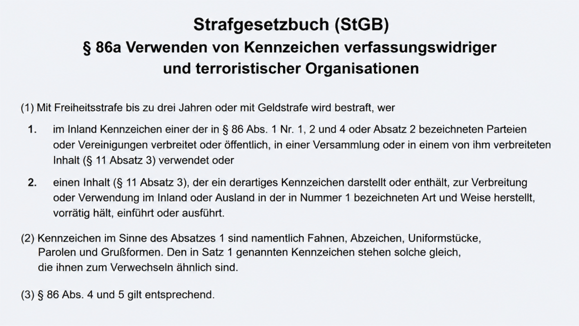 Gesetztestext von Paragraf 86a zum Verbot nazistischer Symbole